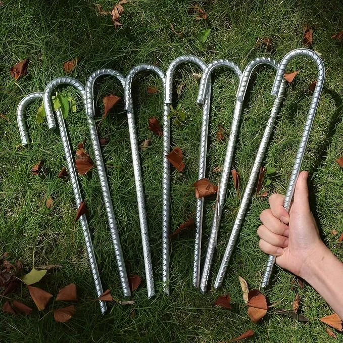 8 Pack 16" Galvanized Rebar Stakes Heavy Duty J Hook Ground Anchors, Curved Steel Tent Stakes Anti Rust Steel Ground Stakes