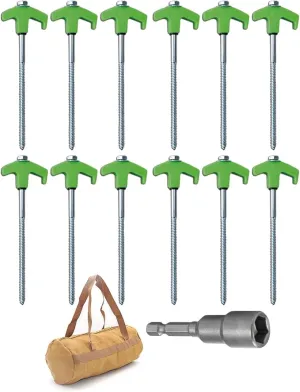 8" Screw in Tent Stakes - Ground Anchors Screw in, Screw in Tent Stakes Heavy Duty, Tent Pegs Camping Stakes, Metal Threaded Tent Spikes, Screw Tent Stakes with Hex Sleeves (12Pcs Bag Green)