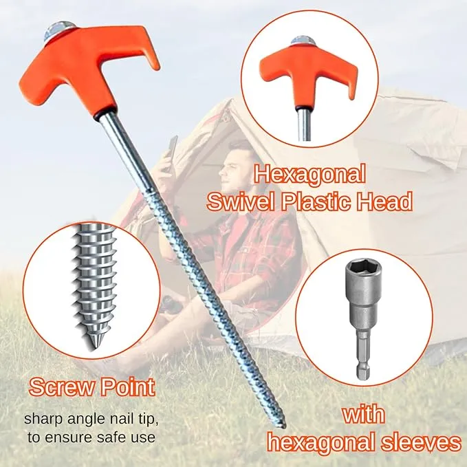8" Screw in Tent Stakes - Ground Anchors Screw in, Screw in Tent Stakes Heavy Duty, Tent Pegs Camping Stakes, Metal Threaded Tent Spikes, Screw Tent Stakes with Hex Sleeves (12Pcs Bag White)