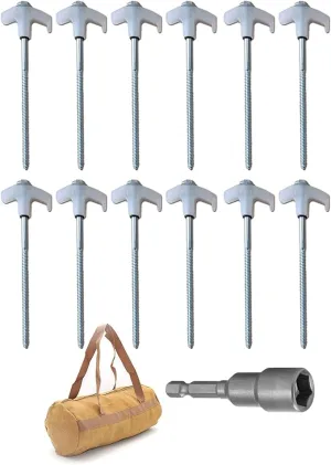 8" Screw in Tent Stakes - Ground Anchors Screw in, Screw in Tent Stakes Heavy Duty, Tent Pegs Camping Stakes, Metal Threaded Tent Spikes, Screw Tent Stakes with Hex Sleeves (12Pcs Bag White)