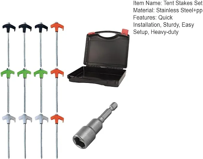 8" Screw in Tent Stakes - Ground Anchors Screw in, Screw in Tent Stakes Heavy Duty, Tent Pegs Camping Stakes, Metal Threaded Tent Spikes, Screw Tent Stakes with Hex Sleeves (12Pcs Box Mix Color)