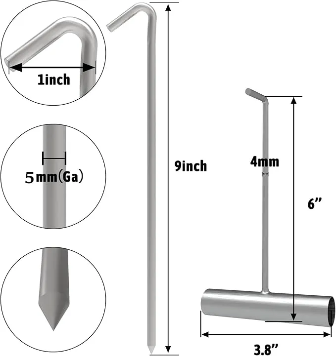 9 Inch Galvanized Tent Stakes Metal Tent Pegs with T Hook, Heavy Duty Steel Yard Camping Stakes Tarp Hooks Inflatables Outdoor Decorations, 25 Pack