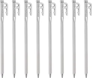 CAMPINGMOON Tent Stakes 10.2-inch 8pcs Martensitic Stainless Steel 420J2 Hardened Forged Power Peg Ideal for Hard Ground R-26-8P