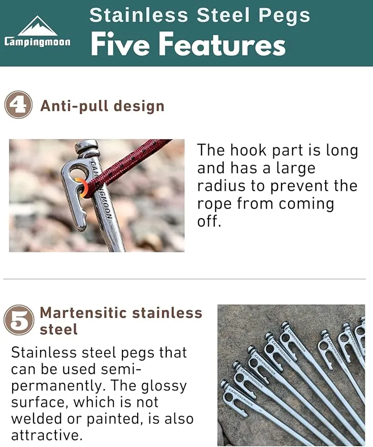 CAMPINGMOON Tent Stakes 10.2-inch 8pcs Martensitic Stainless Steel 420J2 Hardened Forged Power Peg Ideal for Hard Ground R-26-8P