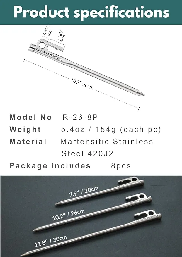 CAMPINGMOON Tent Stakes 10.2-inch 8pcs Martensitic Stainless Steel 420J2 Hardened Forged Power Peg Ideal for Hard Ground R-26-8P