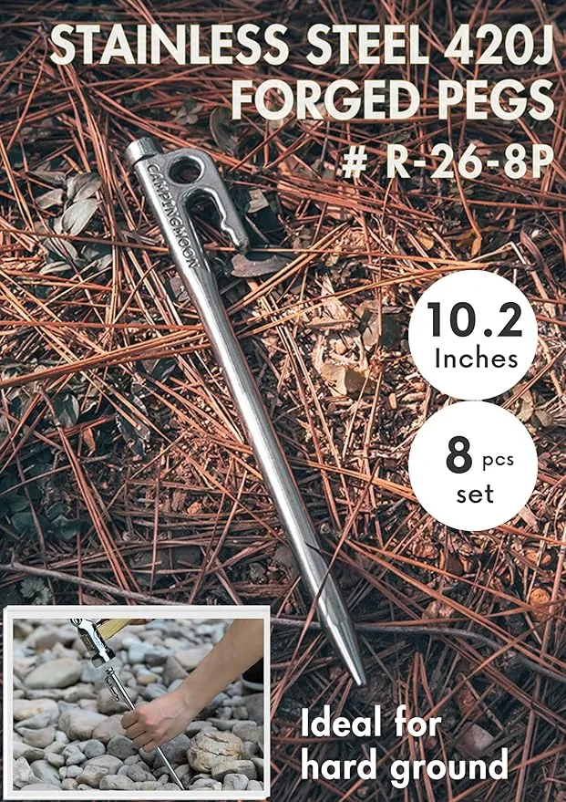 CAMPINGMOON Tent Stakes 10.2-inch 8pcs Martensitic Stainless Steel 420J2 Hardened Forged Power Peg Ideal for Hard Ground R-26-8P
