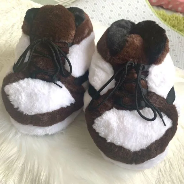Cozy Brown White Plush Sneakers – Soft and Stylish Indoor Comfort