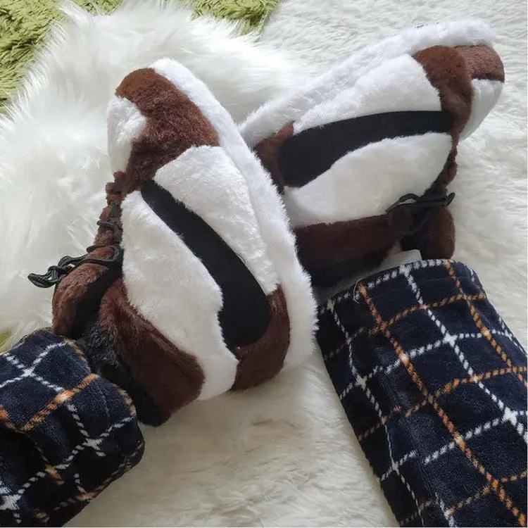 Cozy Brown White Plush Sneakers – Soft and Stylish Indoor Comfort