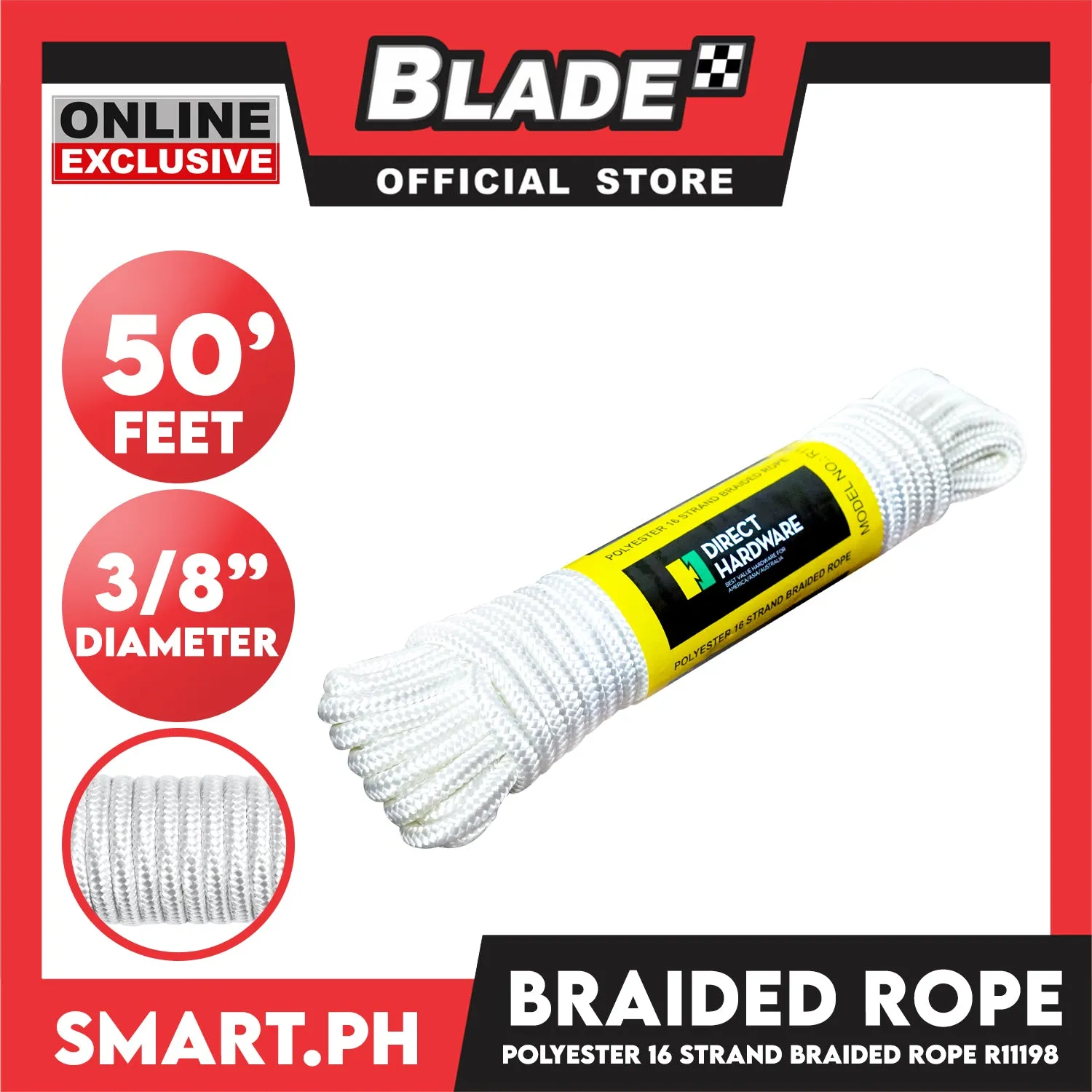 Direct Hardware Braided Rope R11198 Polyester 16 Strand (White) 3/8' ' x 50