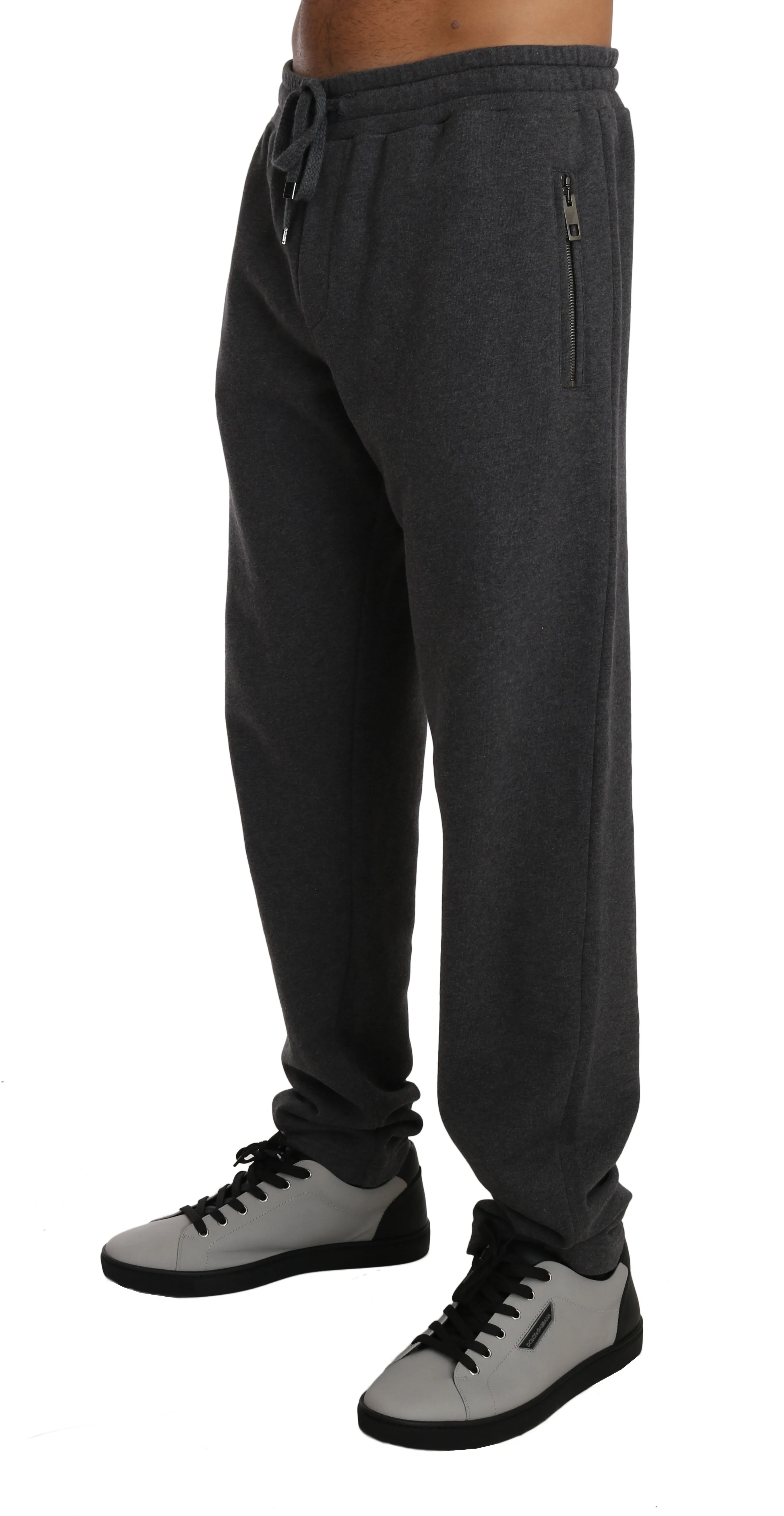 Gray Cotton Logo Badge Casual Trousers