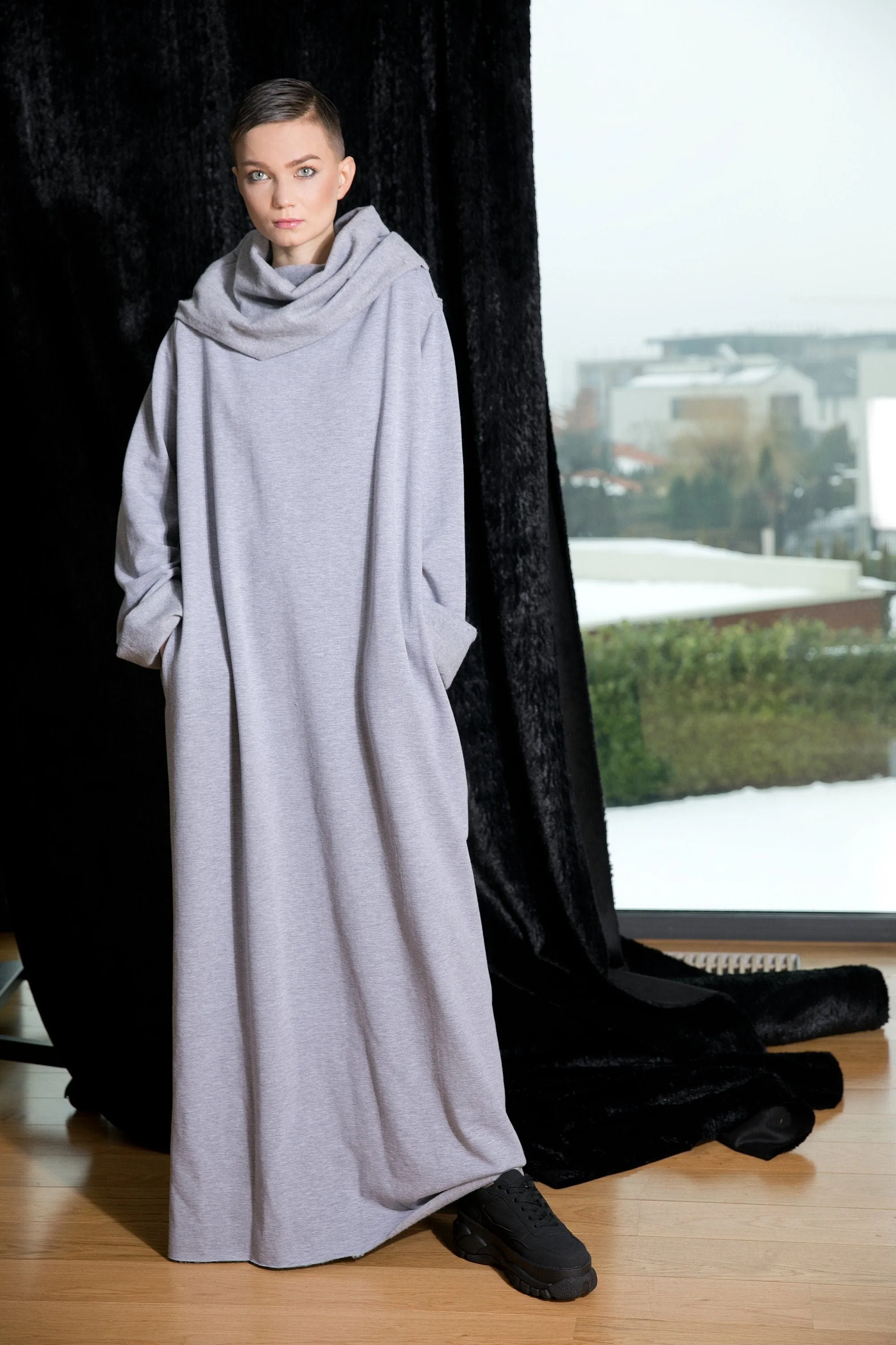 Grey Kaftan Dress, Women Turtleneck Dress, Long Sleeve Winter Dress, Plus Size Clothing, Minimalist Dress, Pocket Dress, Loose Maxi Dress
