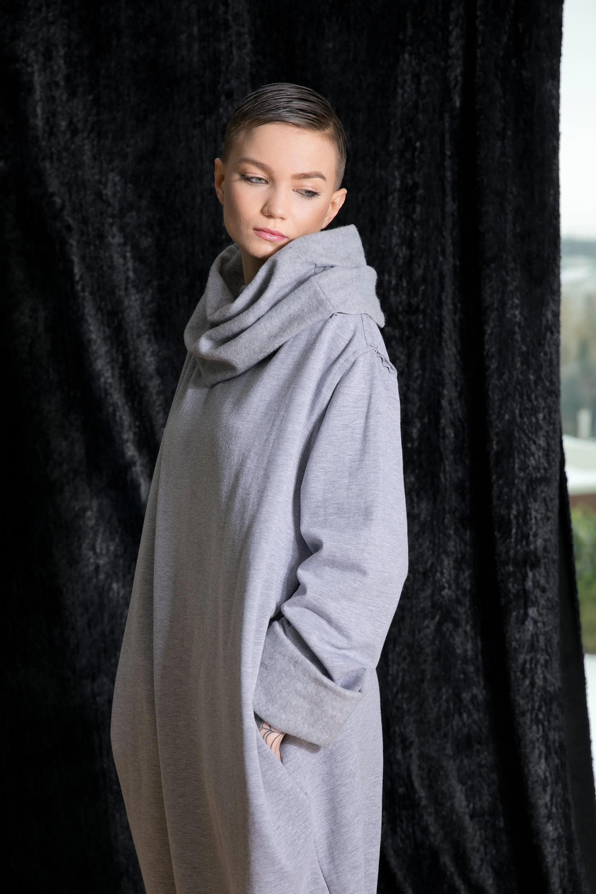 Grey Kaftan Dress, Women Turtleneck Dress, Long Sleeve Winter Dress, Plus Size Clothing, Minimalist Dress, Pocket Dress, Loose Maxi Dress