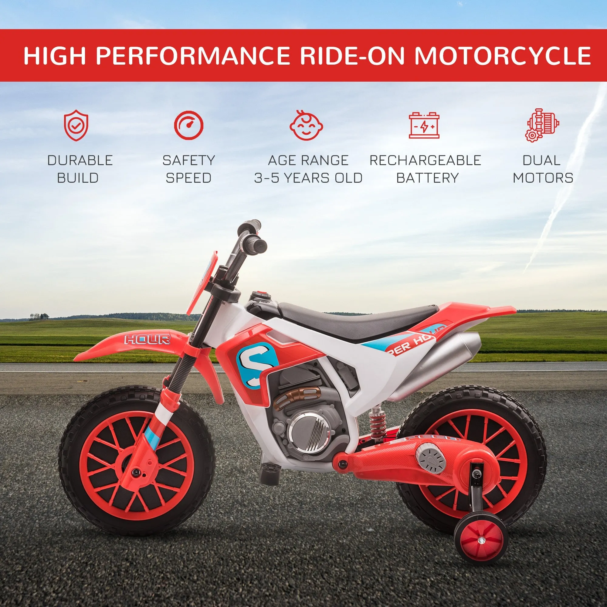 Homcom 12V Kids Electric Motorcycle Ride-On With Training Wheels For Ages 3-6 Years - Red