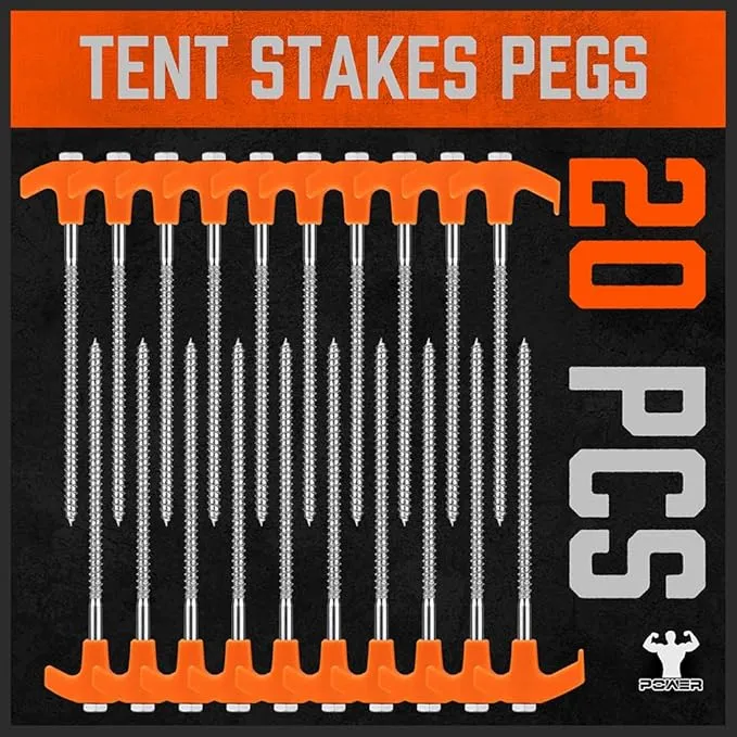 HORUSDY 26 Pack Heavy Duty Tent Stakes Tent Pegs Camping Stakes with with 4x13ft Rope & 1 Stopper T Pull Hook