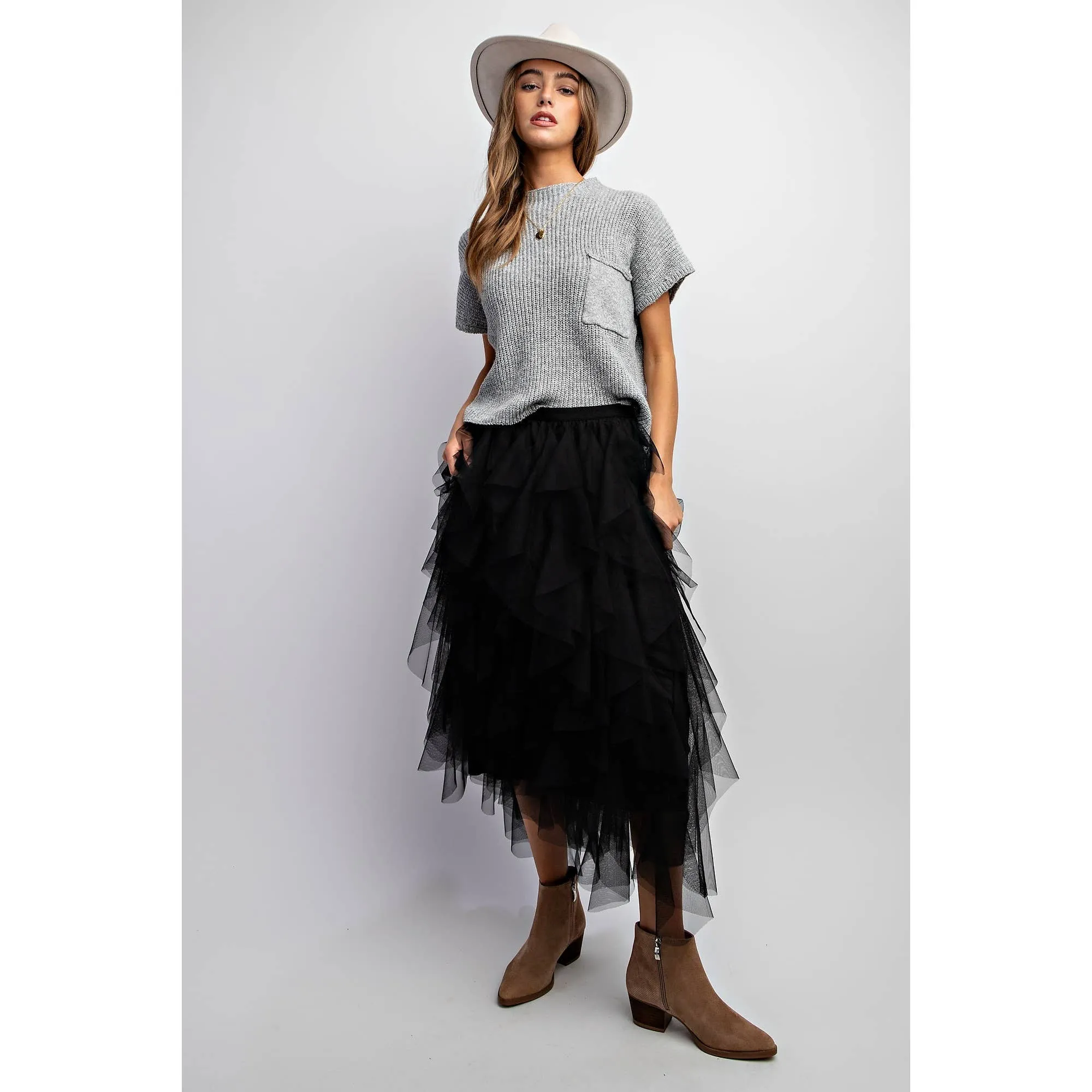 Jolie Ruffled Tulle Midi Skirt