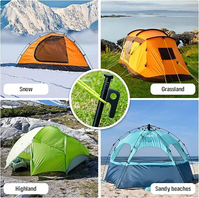 KOMCLUB 10PCS Tent Stakes Heavy Duty Tent Pegs Metal Tent Pegs Canopy Stakes Ground Stakes Spike Steaks for Outdoor Camping Tents Garden Canopies Grassland with Storage Bag and Reflective Guy Lines
