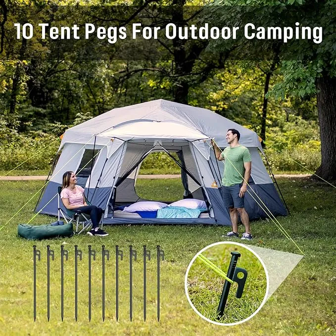 KOMCLUB 10PCS Tent Stakes Heavy Duty Tent Pegs Metal Tent Pegs Canopy Stakes Ground Stakes Spike Steaks for Outdoor Camping Tents Garden Canopies Grassland with Storage Bag and Reflective Guy Lines
