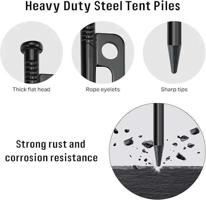 KOMCLUB 10PCS Tent Stakes Heavy Duty Tent Pegs Metal Tent Pegs Canopy Stakes Ground Stakes Spike Steaks for Outdoor Camping Tents Garden Canopies Grassland with Storage Bag and Reflective Guy Lines