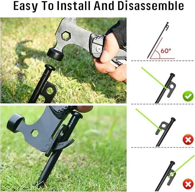 KOMCLUB 10PCS Tent Stakes Heavy Duty Tent Pegs Metal Tent Pegs Canopy Stakes Ground Stakes Spike Steaks for Outdoor Camping Tents Garden Canopies Grassland with Storage Bag and Reflective Guy Lines