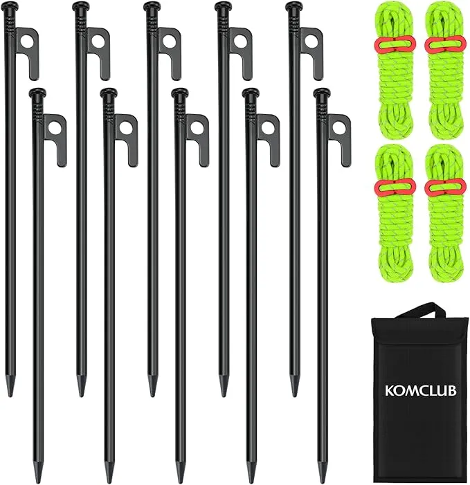 KOMCLUB 10PCS Tent Stakes Heavy Duty Tent Pegs Metal Tent Pegs Canopy Stakes Ground Stakes Spike Steaks for Outdoor Camping Tents Garden Canopies Grassland with Storage Bag and Reflective Guy Lines