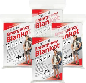 Mart Cobra Emergency Blanket 4-Pack Emergency Survival Blanket Survival Gear & Camping Supplies Thermal Blankets Reusable Mylar Blanket Space Blankets Emergency Supplies Car Emergency Bug Out Bag Foil