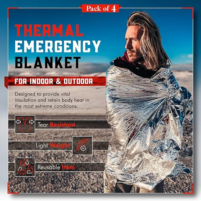 Mart Cobra Emergency Blanket 4-Pack Emergency Survival Blanket Survival Gear & Camping Supplies Thermal Blankets Reusable Mylar Blanket Space Blankets Emergency Supplies Car Emergency Bug Out Bag Foil
