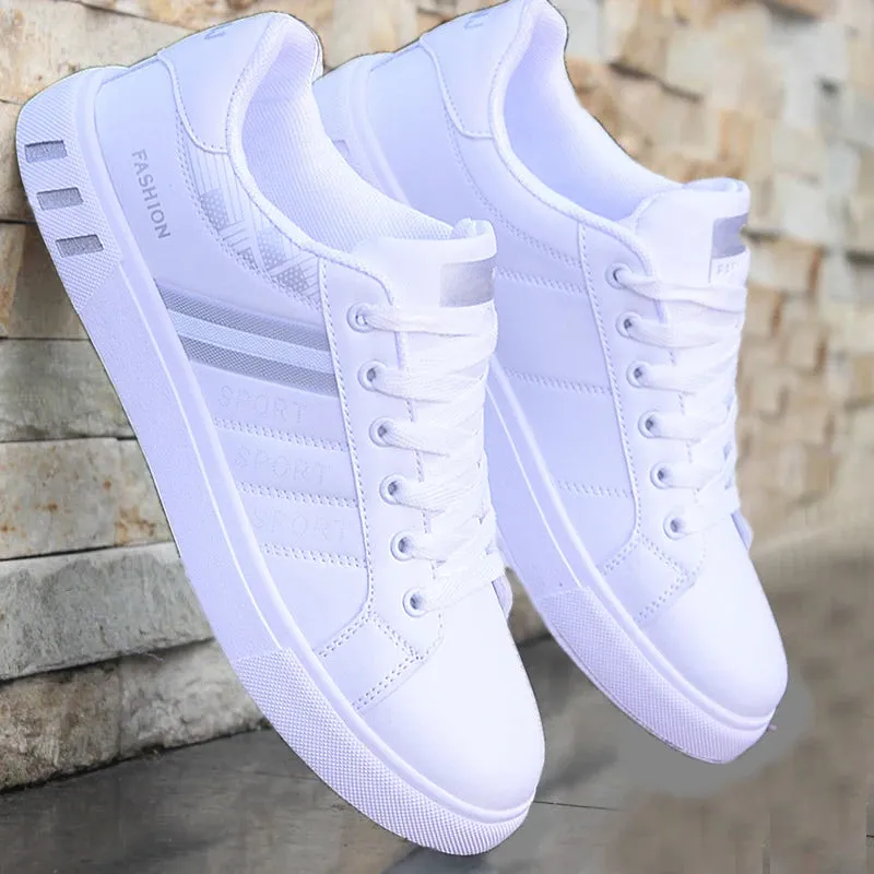 Men's Sneakers Casual Sports Shoes for Men Lightweight PU Leather Breathable Shoe Mens Flat White
