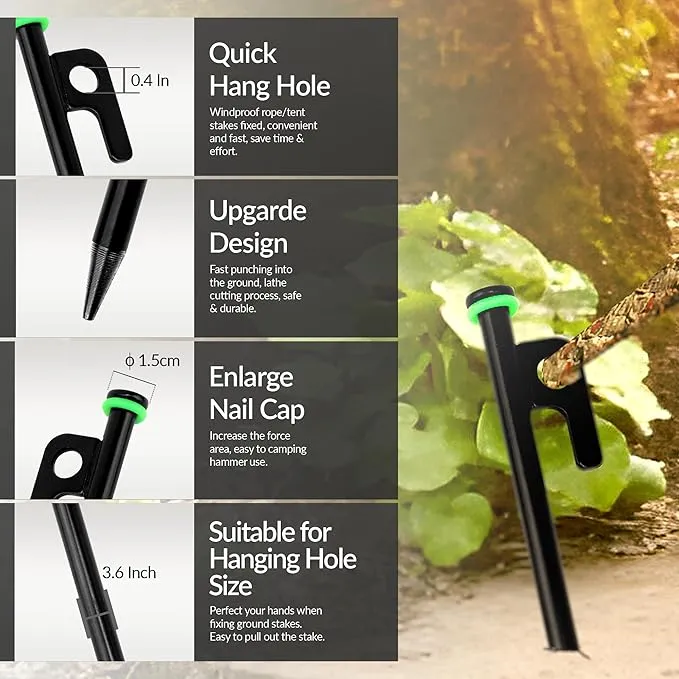 Pack 10 Tent Stakes Heavy Duty Metal, 12-inch Camping Stakes - Unbreakable Tent Pegs with Glow Ring for Enhanced Visibility, Durable Ground Stakes for Outdoor Adventures