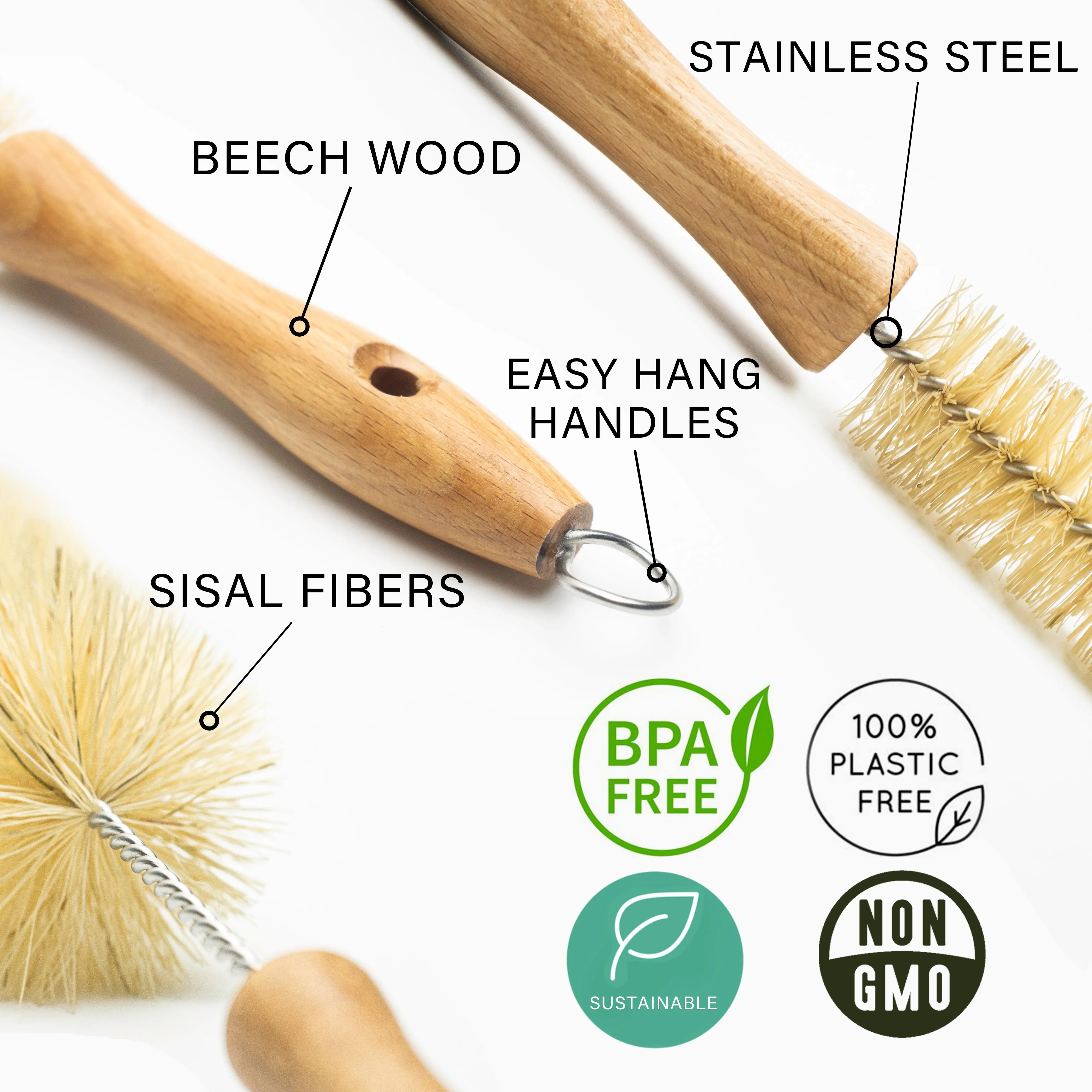 Plant-Based Bristle Bottle Brush and Straw Set (NO PLASTIC) Sisal Bristles, Wood Handles and Stainless Steel Bottle Cleaners
