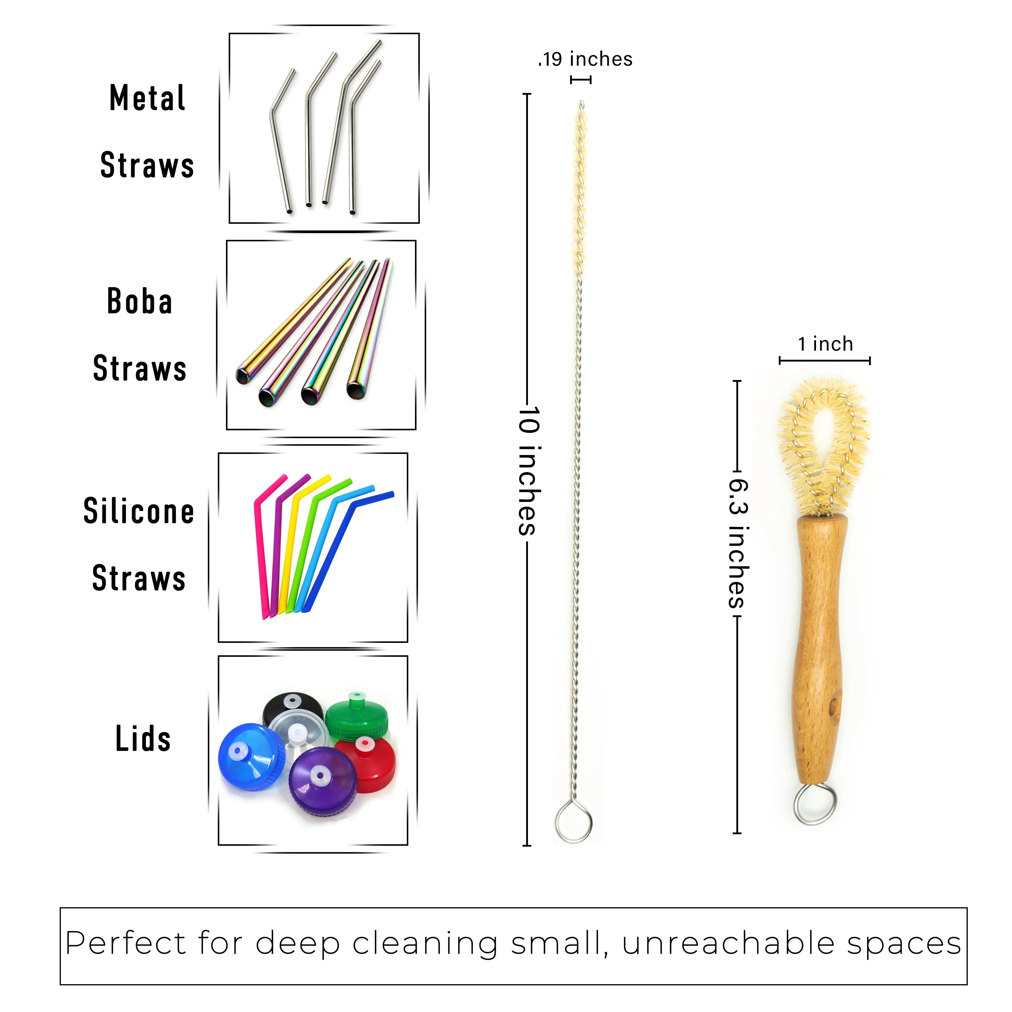 Plant-Based Bristle Bottle Brush and Straw Set (NO PLASTIC) Sisal Bristles, Wood Handles and Stainless Steel Bottle Cleaners
