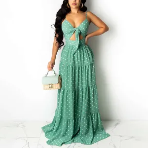 Polka Dot Print Spaghetti Strap Tied Maxi Dress