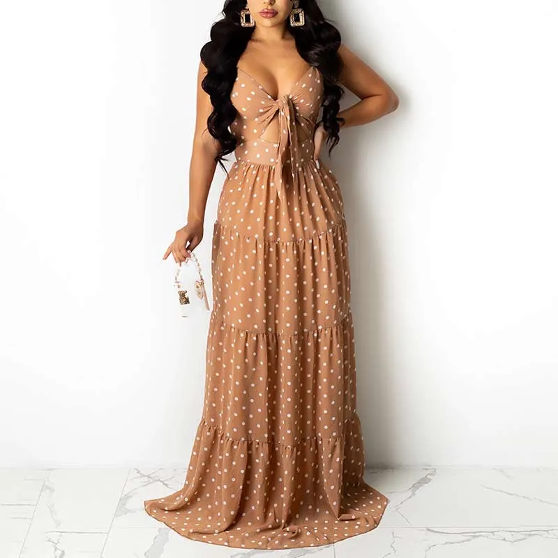 Polka Dot Print Spaghetti Strap Tied Maxi Dress