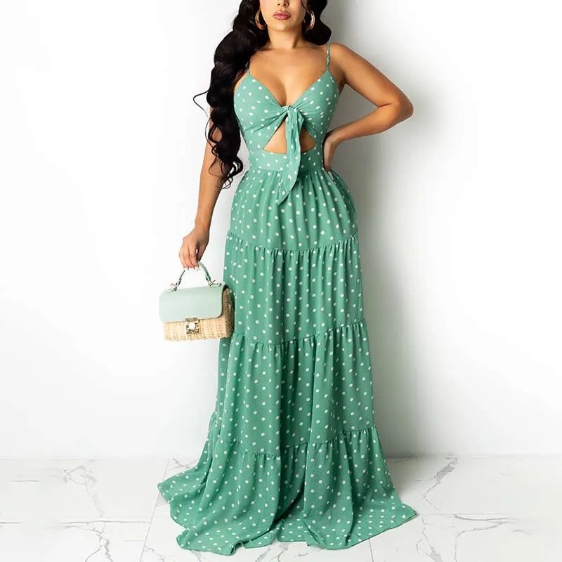 Polka Dot Print Spaghetti Strap Tied Maxi Dress