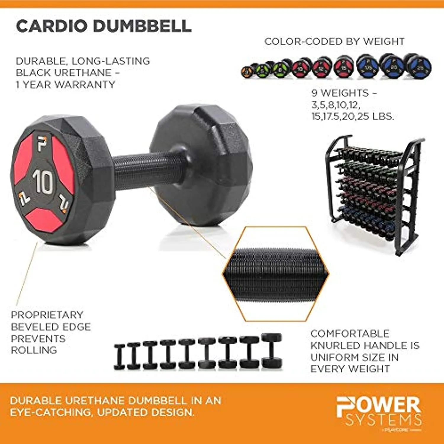 Power Systems Cardio Dumbbell with Color Coded Ends - No Roll Edges - Knurled Handles - Sold Individually