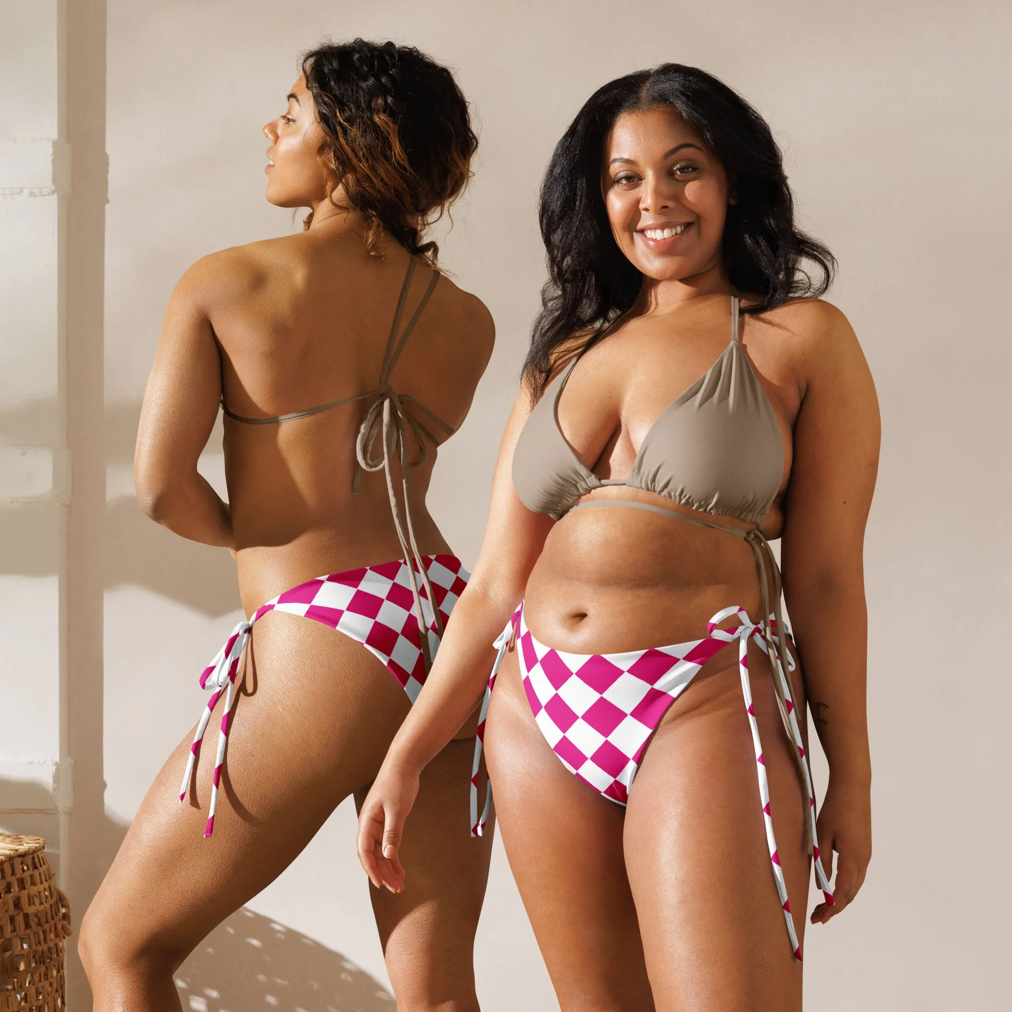 Recycled String Bikini Bottom - Pink&White