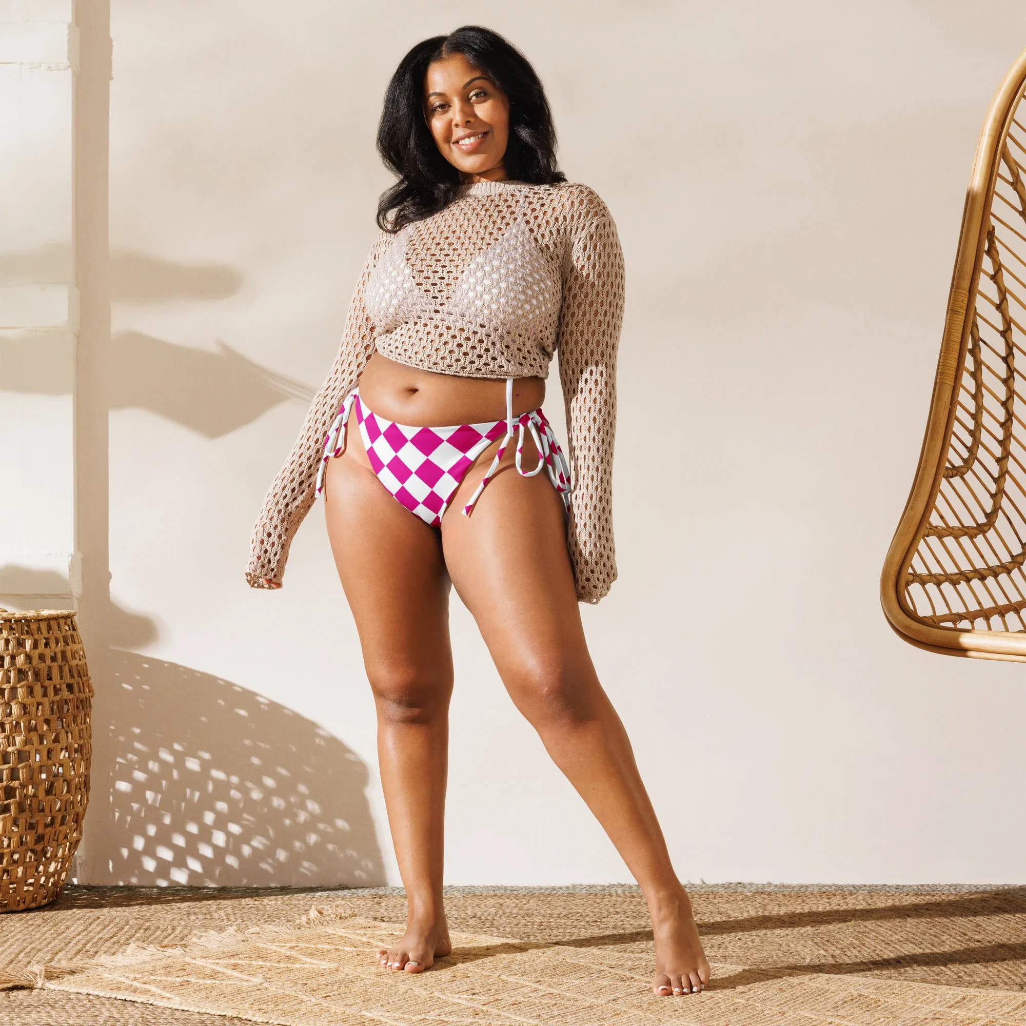 Recycled String Bikini Bottom - Pink&White
