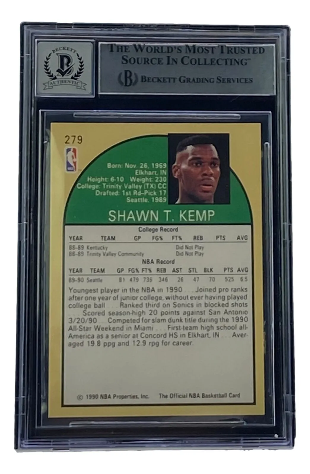 Shawn Kemp Signed 1990-91 Hoops #178 Seattle Supersonics Basketball BAS Auto 10
