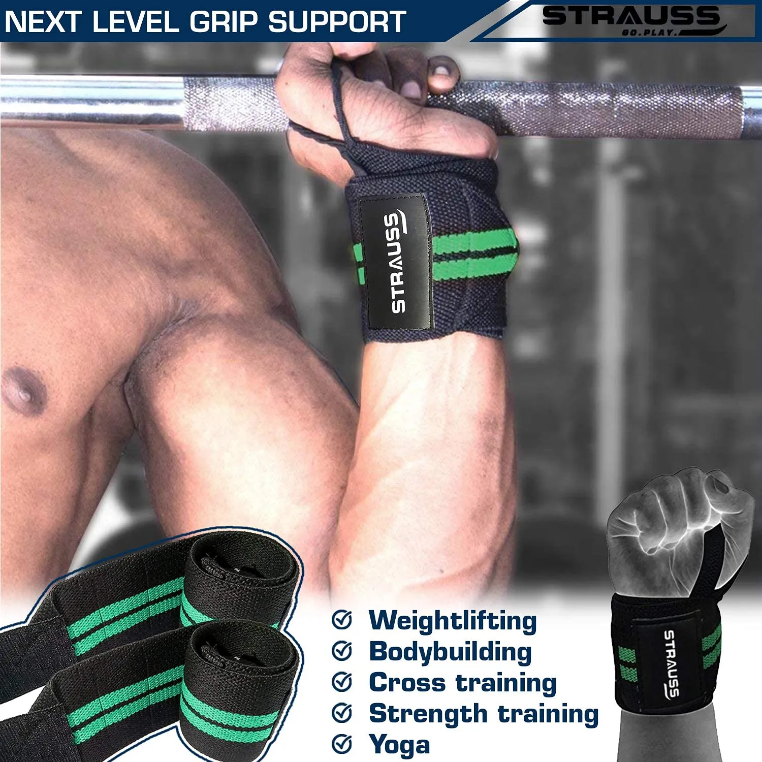 Strauss WL Cotton Wrist Supporter with Thumb Loop Straps & Closures for Gym, Workouts & Strength Training| Adjustable & Breathable Materail with Powerful Velcro & Soft Material, (Black/Green)