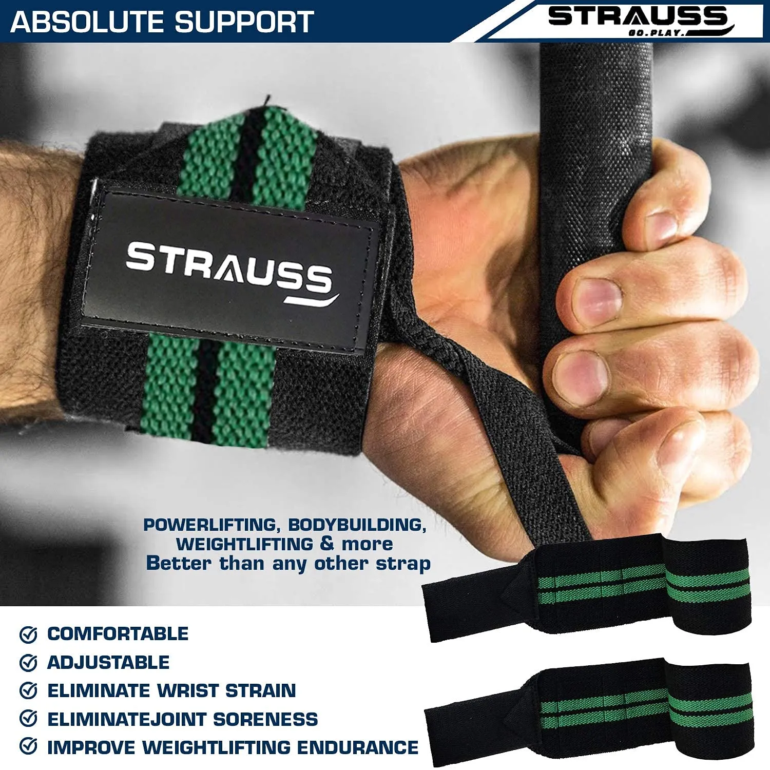 Strauss WL Cotton Wrist Supporter with Thumb Loop Straps & Closures for Gym, Workouts & Strength Training| Adjustable & Breathable Materail with Powerful Velcro & Soft Material, (Black/Green)