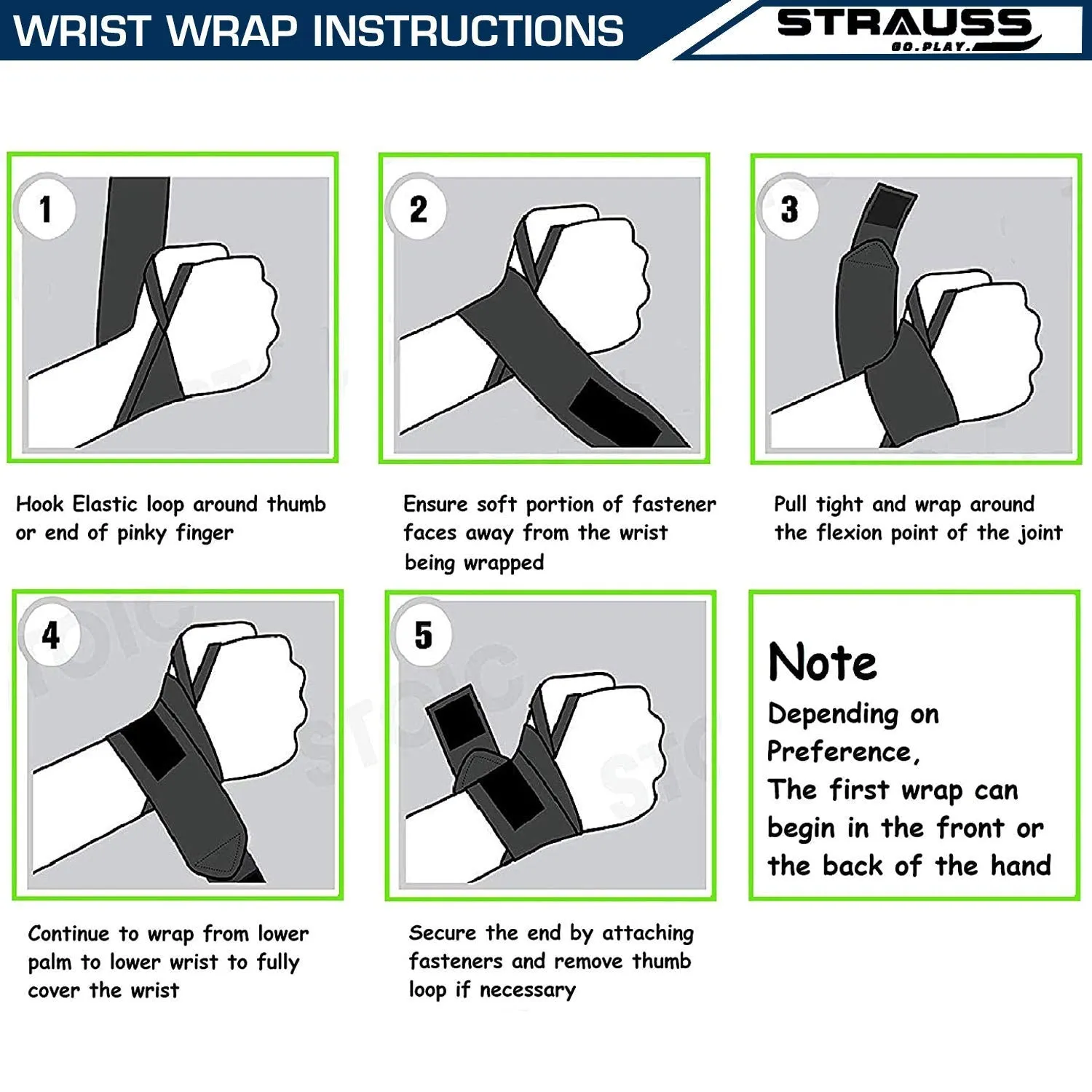 Strauss WL Cotton Wrist Supporter with Thumb Loop Straps & Closures for Gym, Workouts & Strength Training| Adjustable & Breathable Materail with Powerful Velcro & Soft Material, (Black/Green)