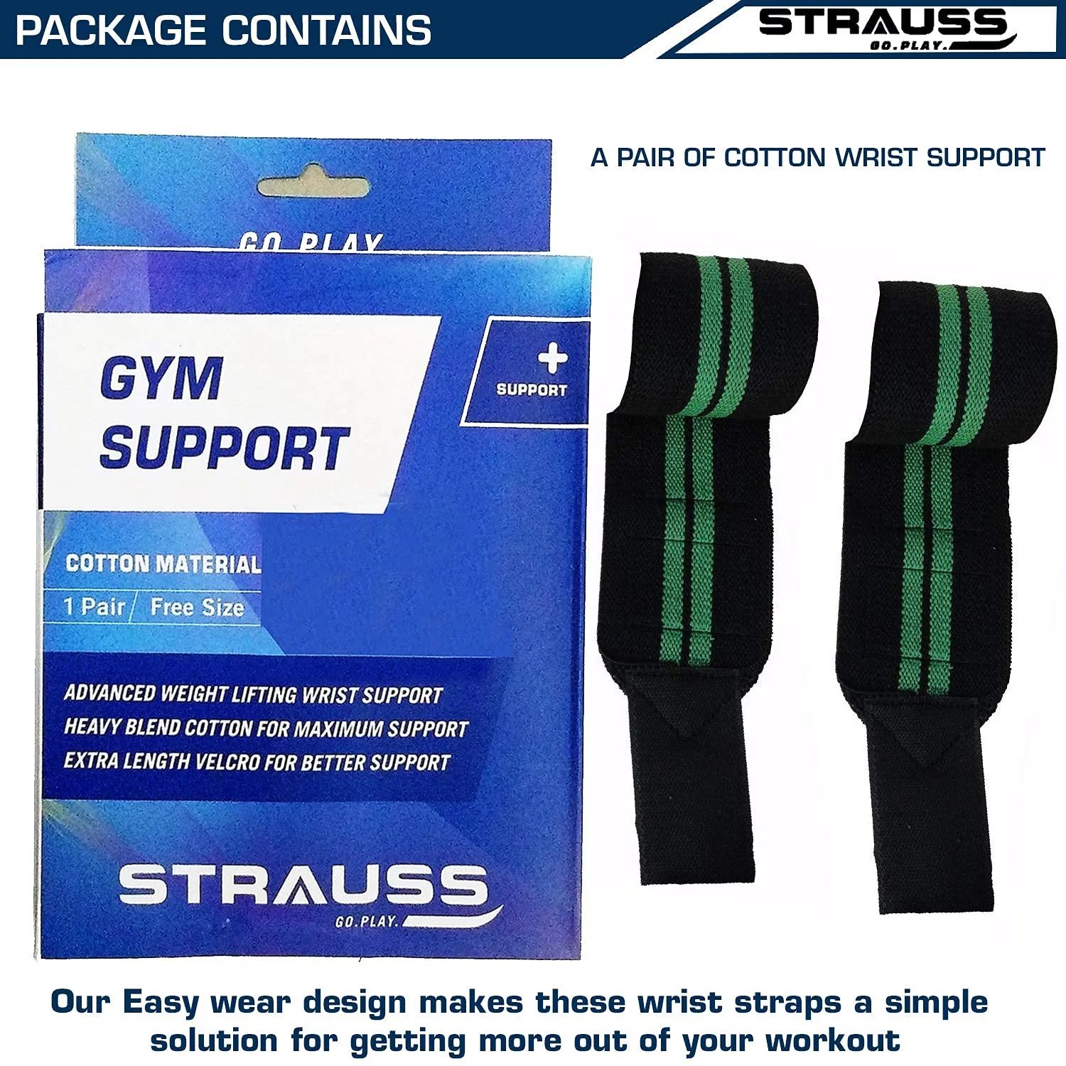 Strauss WL Cotton Wrist Supporter with Thumb Loop Straps & Closures for Gym, Workouts & Strength Training| Adjustable & Breathable Materail with Powerful Velcro & Soft Material, (Black/Green)