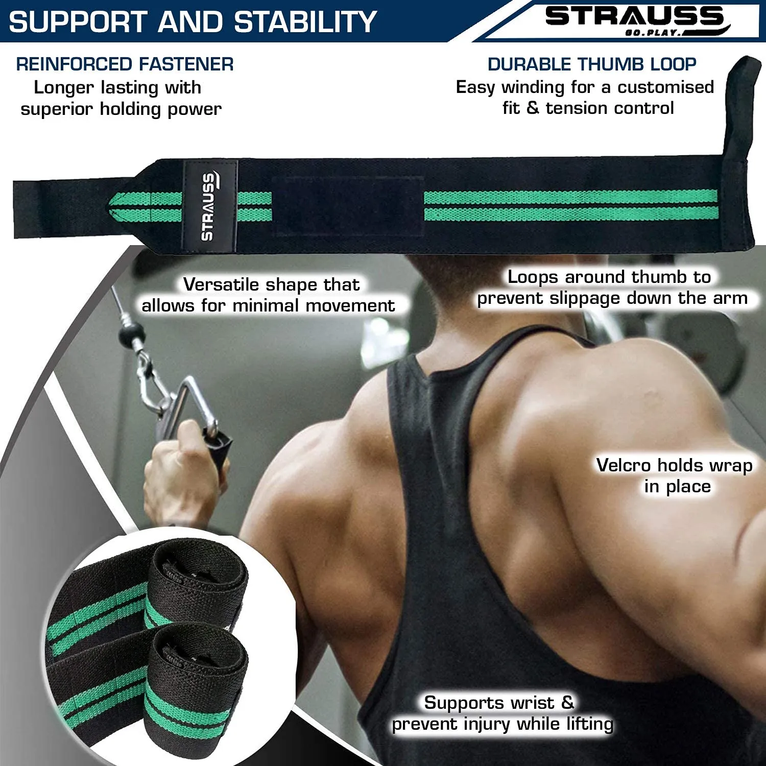 Strauss WL Cotton Wrist Supporter with Thumb Loop Straps & Closures for Gym, Workouts & Strength Training| Adjustable & Breathable Materail with Powerful Velcro & Soft Material, (Black/Green)
