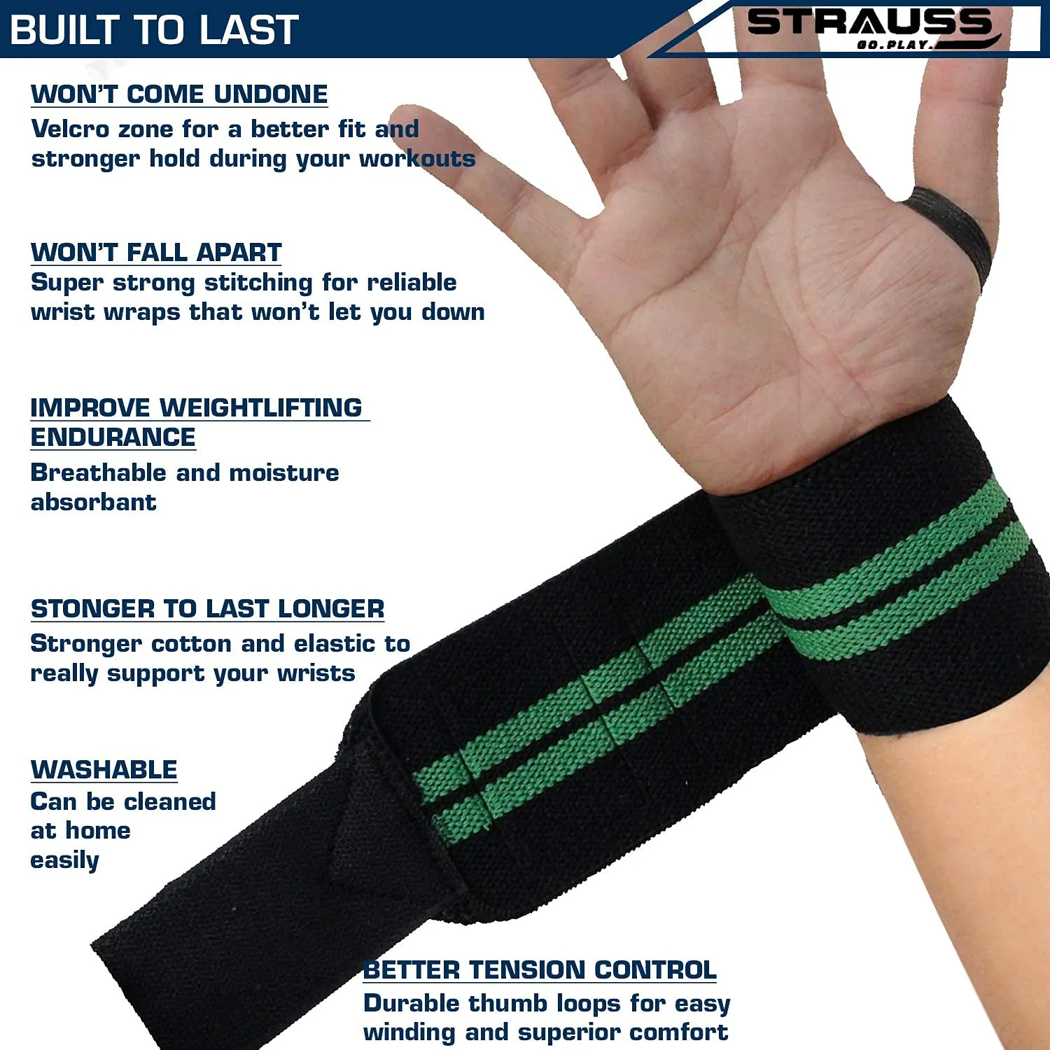 Strauss WL Cotton Wrist Supporter with Thumb Loop Straps & Closures for Gym, Workouts & Strength Training| Adjustable & Breathable Materail with Powerful Velcro & Soft Material, (Black/Green)