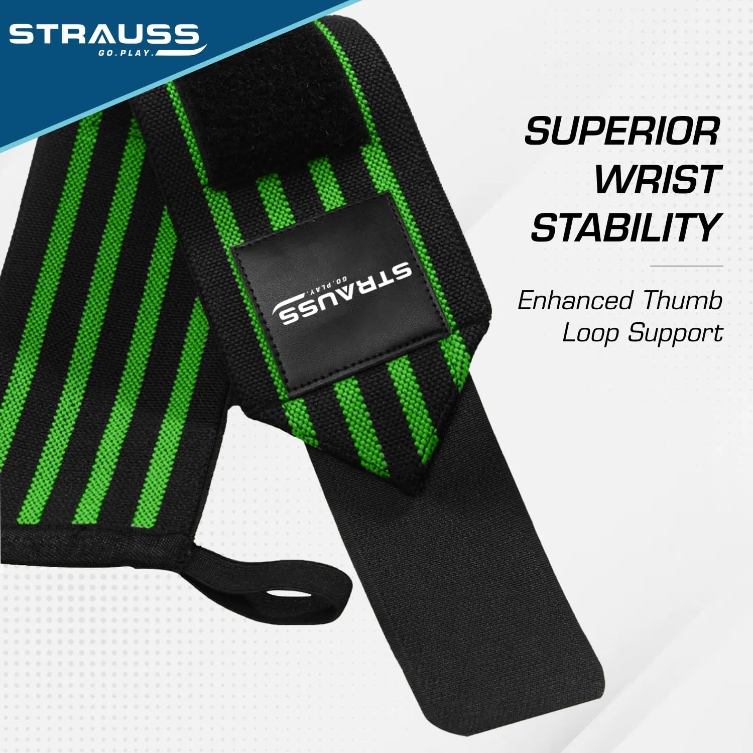 Strauss WL Cotton Wrist Supporter with Thumb Loop Straps & Closures for Gym, Workouts & Strength Training| Adjustable & Breathable Materail with Powerful Velcro & Soft Material, (Black/Green)