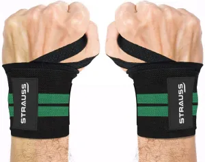 Strauss WL Cotton Wrist Supporter with Thumb Loop Straps & Closures for Gym, Workouts & Strength Training| Adjustable & Breathable Materail with Powerful Velcro & Soft Material, (Black/Green)