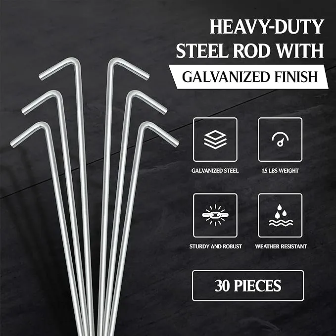 Tent Stakes Heavy Duty Metal, Galvanized Rust-Free Yard Stakes, Garden Edging Fence Hook | Tent Stakes Metal for Outdoor Camping, Tent Garden Stakes for Gardening & Canopies, Tent Pegs - by Ram-Pro