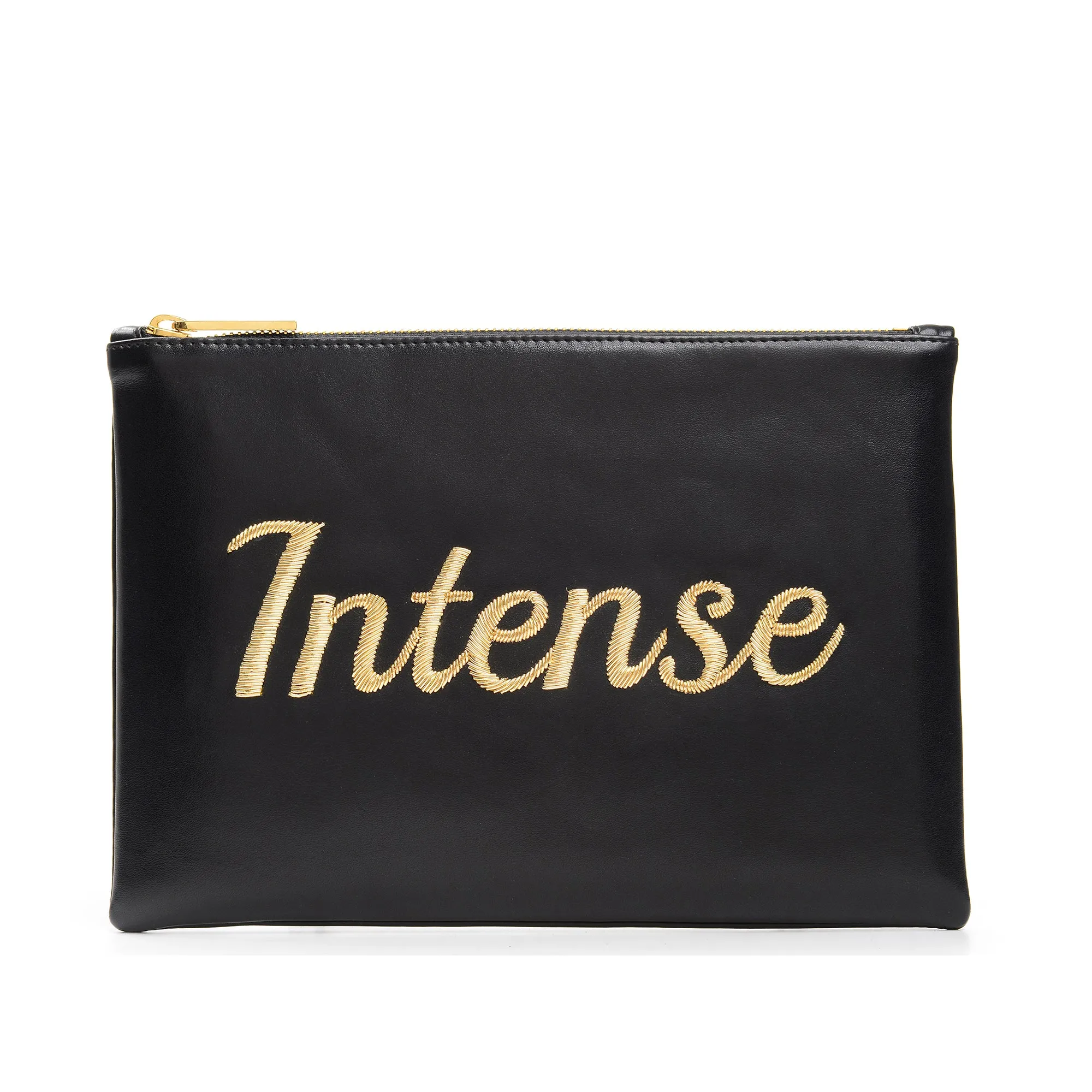 TEXT EMBROIDERED CLUTCH BAG