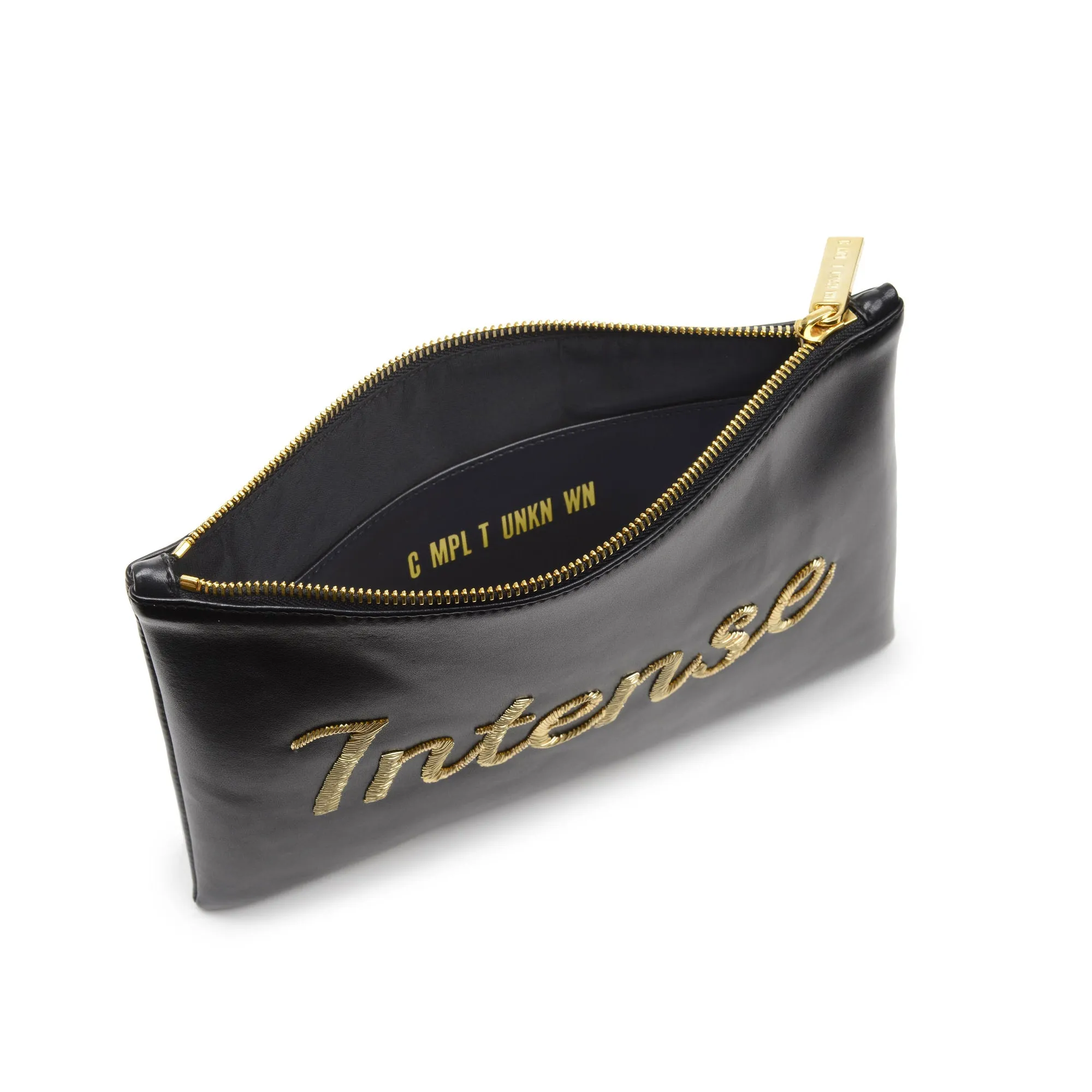 TEXT EMBROIDERED CLUTCH BAG