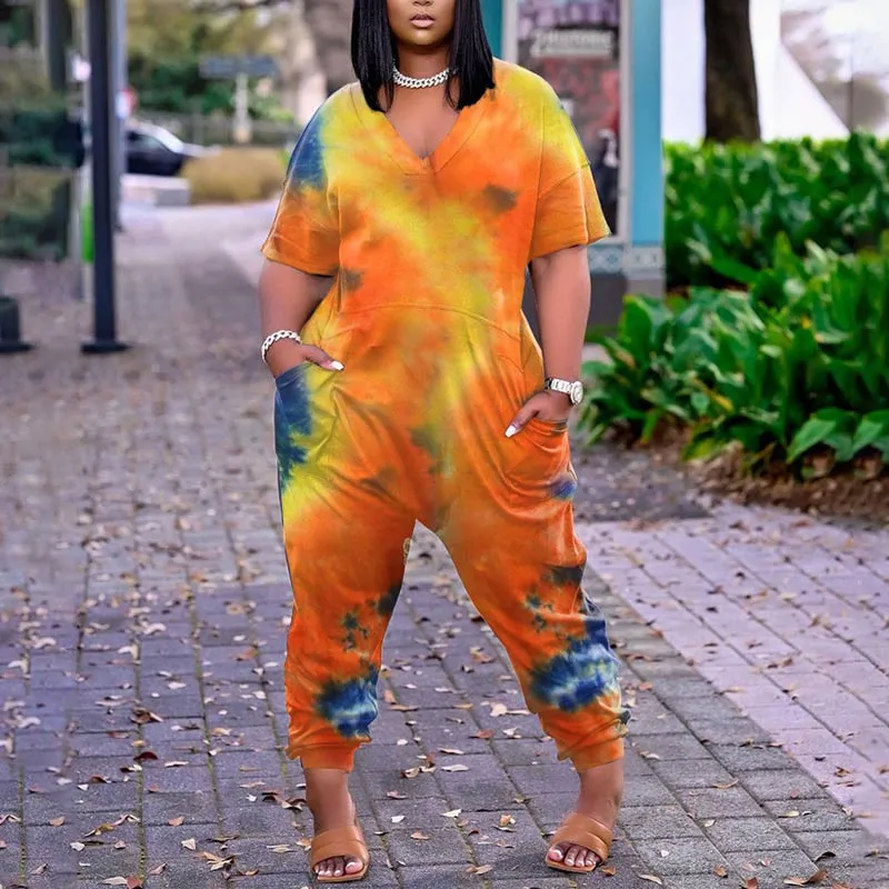 Tie Dye Print Short Sleeve Casual Jumpsuit