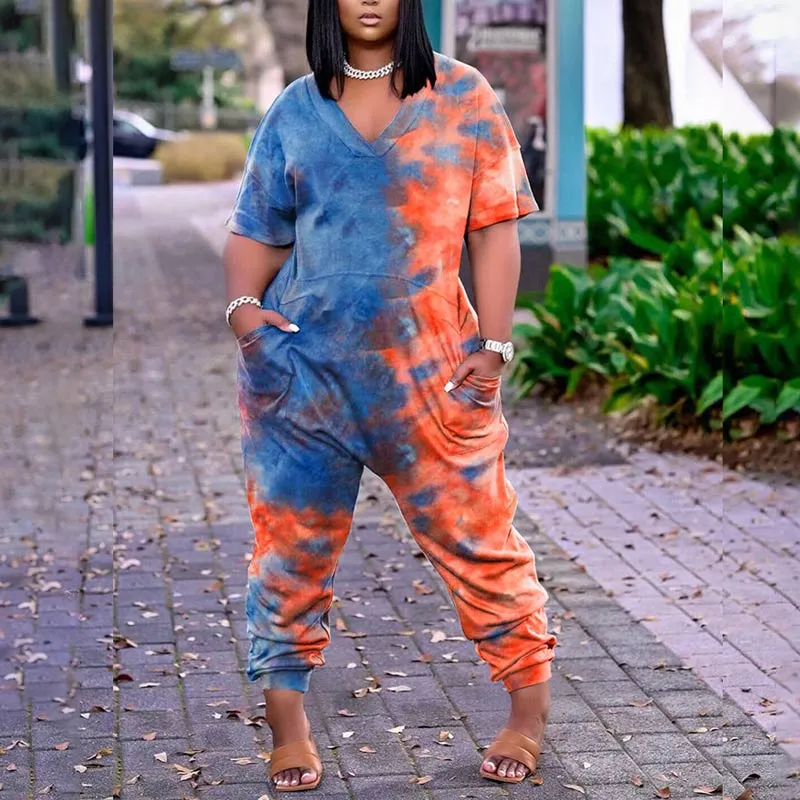 Tie Dye Print Short Sleeve Casual Jumpsuit